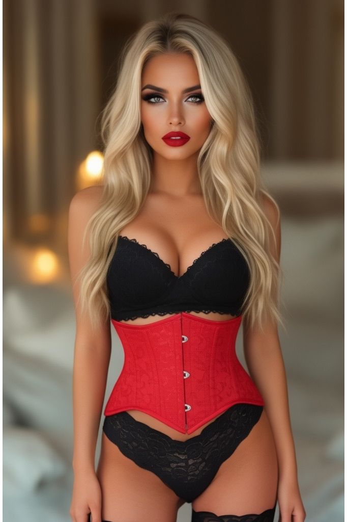 Daisy Corsets Lavish Red Brocade Mini Cincher Underbust Corset Waist Cincher Busk Closure - Daisy Corsets