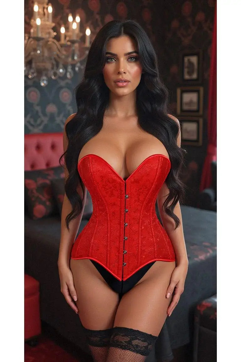 Lavish Red Brocade Overbust Corset W/Busk Closure - Daisy Corsets - Flyclothing LLC