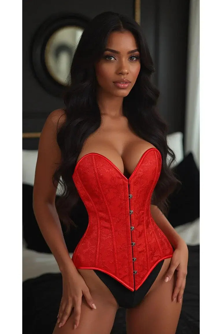 Lavish Red Brocade Overbust Corset W/Busk Closure - Daisy Corsets - Flyclothing LLC