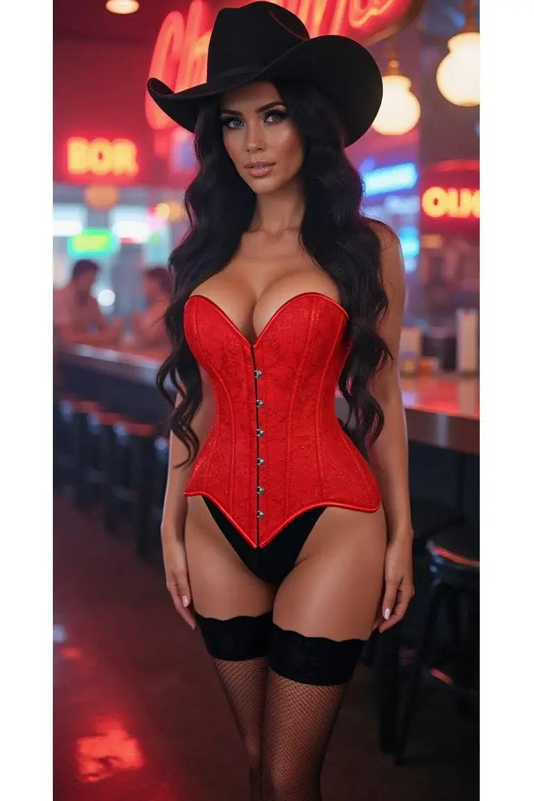 Lavish Red Brocade Overbust Corset W/Busk Closure - Daisy Corsets - Flyclothing LLC