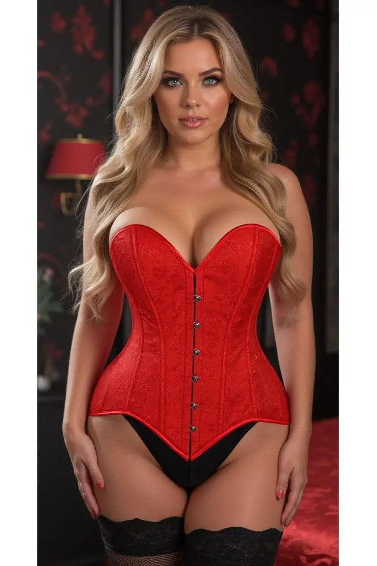 Lavish Red Brocade Overbust Corset W/Busk Closure - Daisy Corsets - Flyclothing LLC