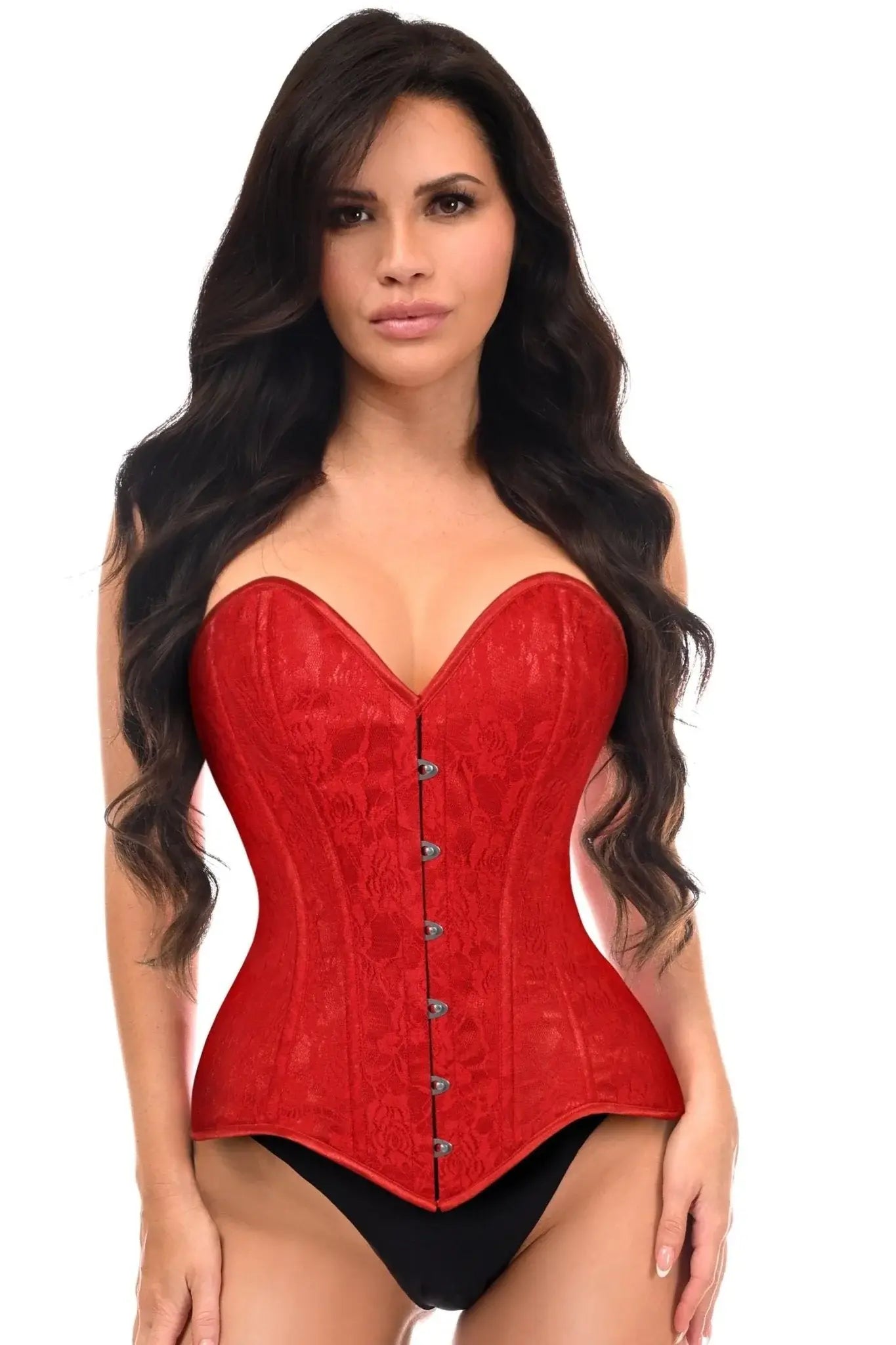 Lavish Red Lace Overbust Corset Sweetheart Neckline Busk Closure - Daisy Corsets - Flyclothing LLC