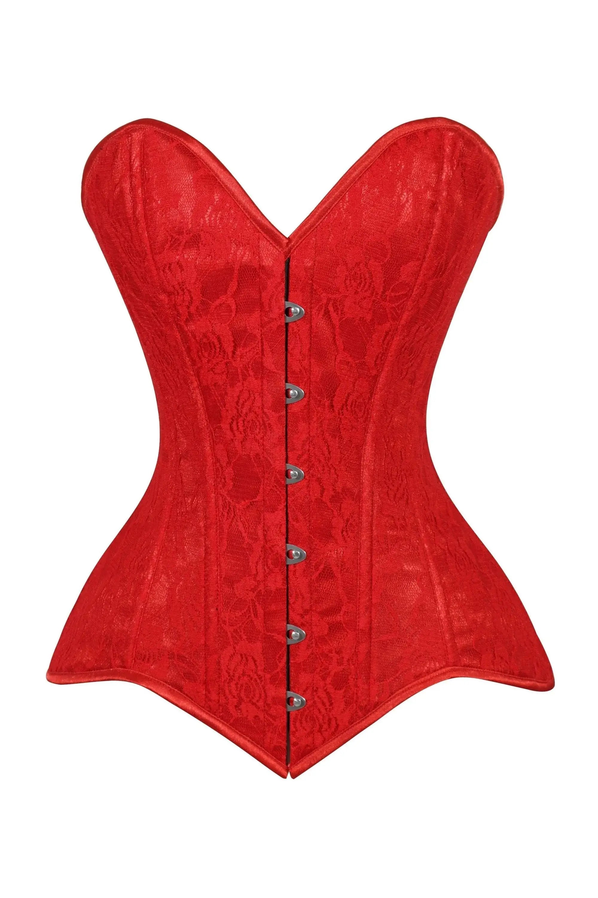 Lavish Red Lace Overbust Corset Sweetheart Neckline Busk Closure - Daisy Corsets - Flyclothing LLC