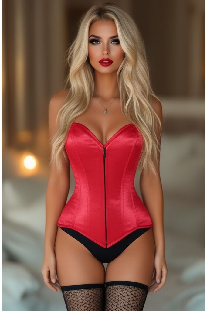 Daisy Corsets Lavish Red Satin Front Zipper Overbust Corset - Daisy Corsets