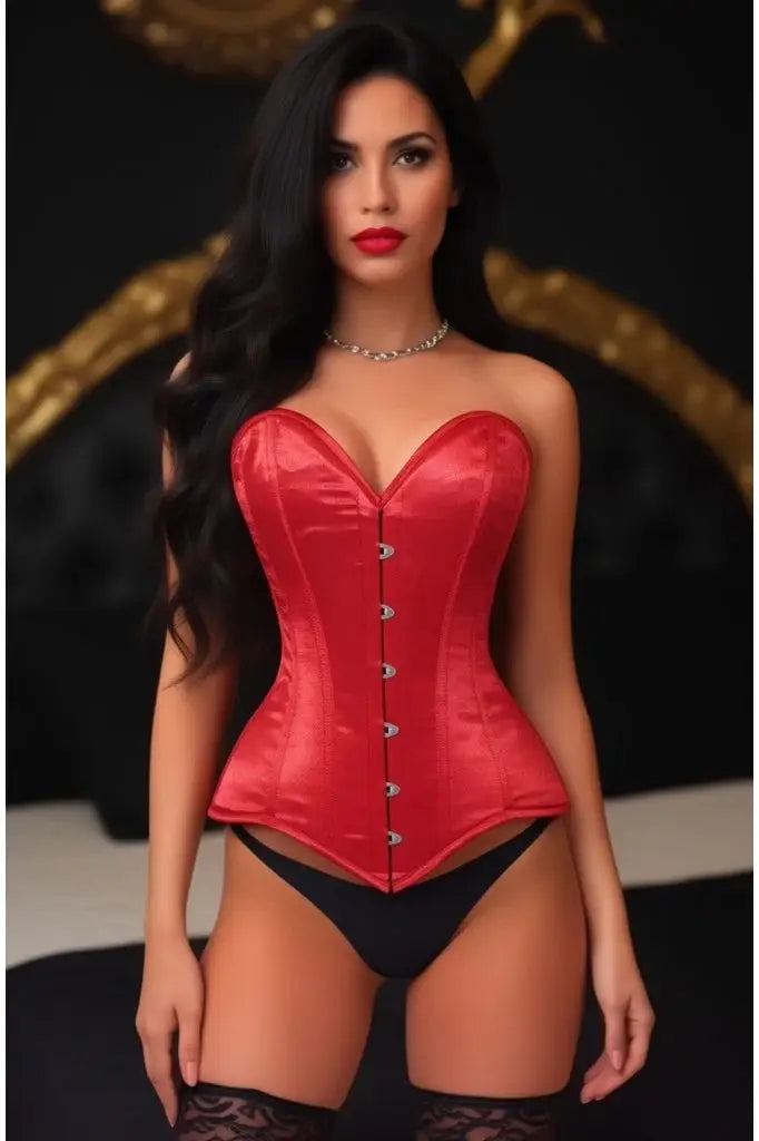 Lavish Red Satin Overbust Corset Sweetheart Neckline Busk Closure - Daisy Corsets - Flyclothing LLC