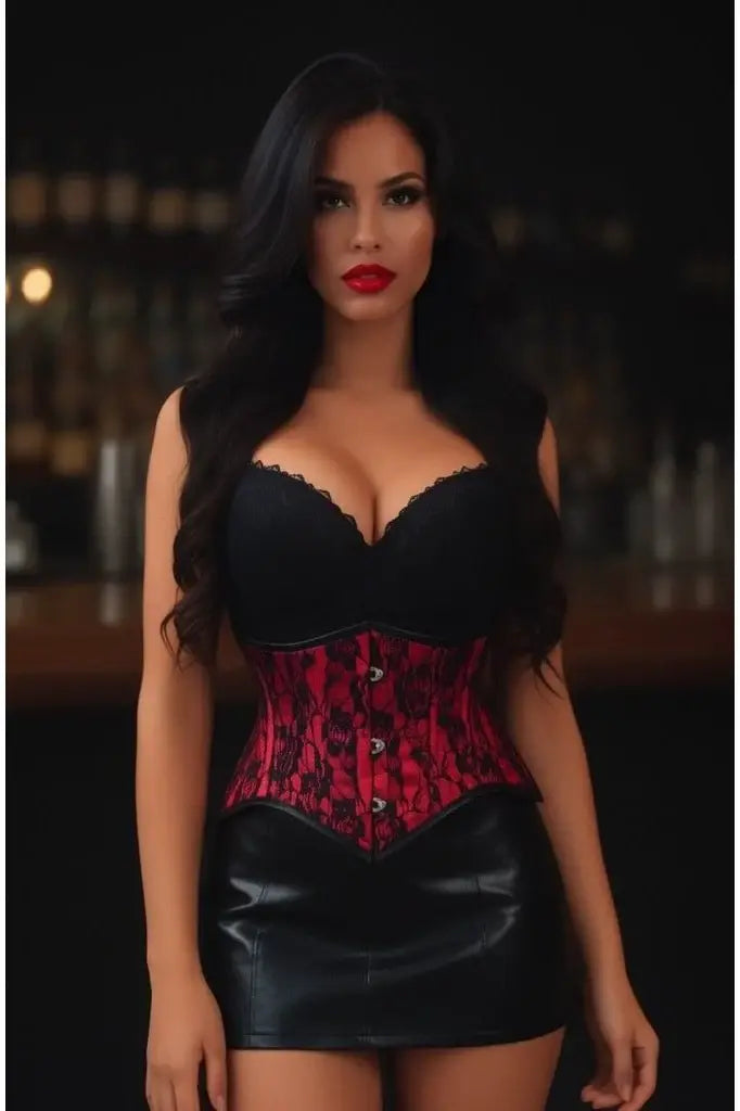 Lavish Red/Black Lace Mini Cincher Underbust Corset Waist Cincher Busk Closure - Daisy Corsets - Flyclothing LLC