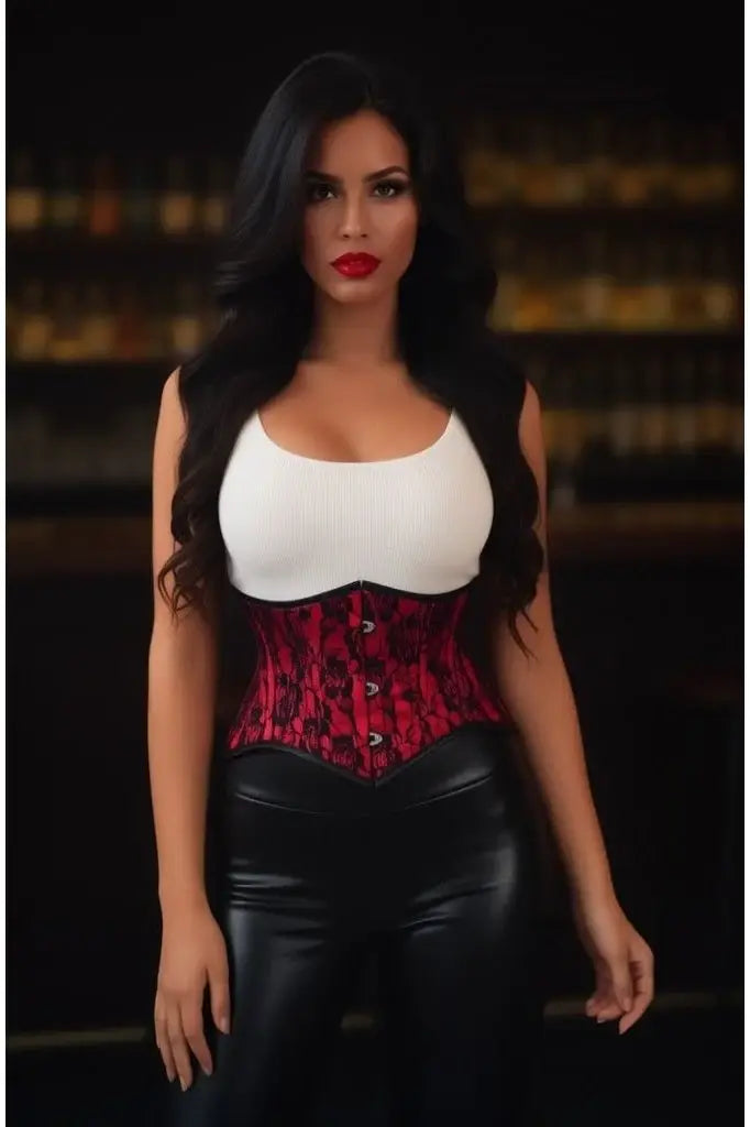 Lavish Red/Black Lace Mini Cincher Underbust Corset Waist Cincher Busk Closure - Daisy Corsets - Flyclothing LLC