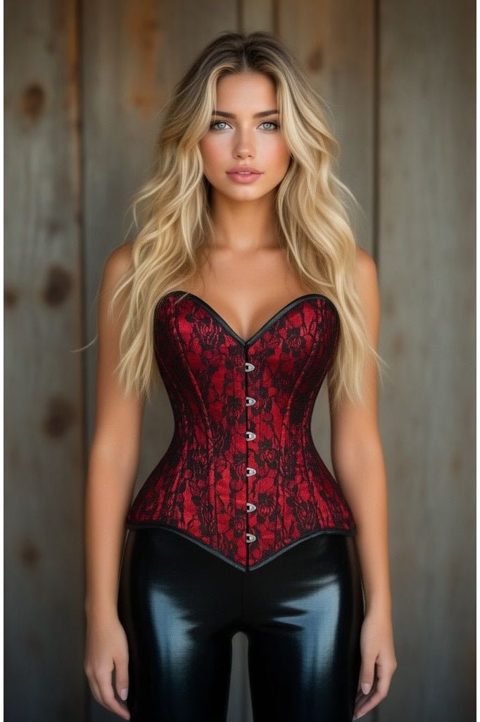Daisy Corsets Lavish Red/Black Lace Overbust Corset Sweetheart Neckline Busk Closure - Daisy Corsets