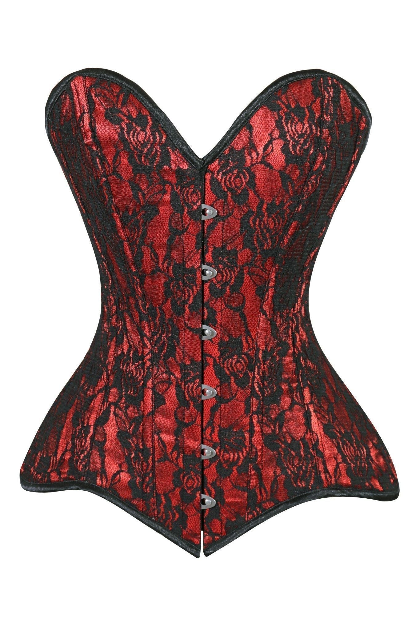 Daisy Corsets Lavish Red/Black Lace Overbust Corset Sweetheart Neckline Busk Closure - Daisy Corsets