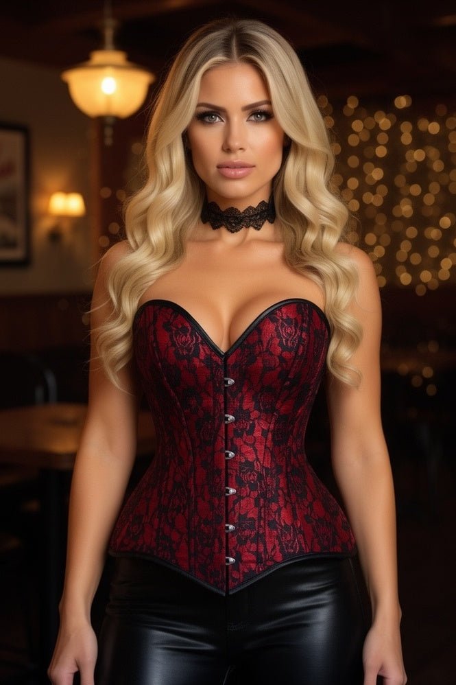 Daisy Corsets Lavish Red/Black Lace Overbust Corset Sweetheart Neckline Busk Closure - Daisy Corsets