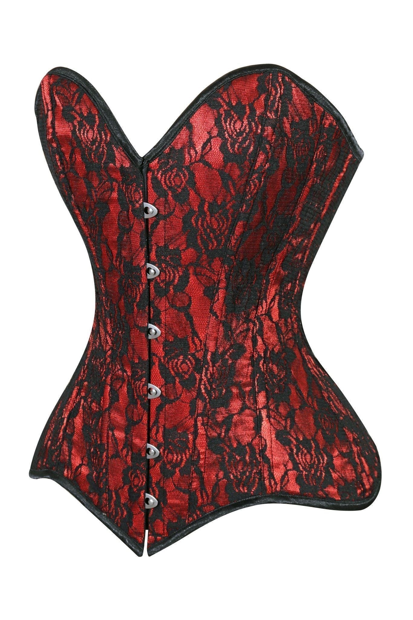 Daisy Corsets Lavish Red/Black Lace Overbust Corset Sweetheart Neckline Busk Closure - Daisy Corsets
