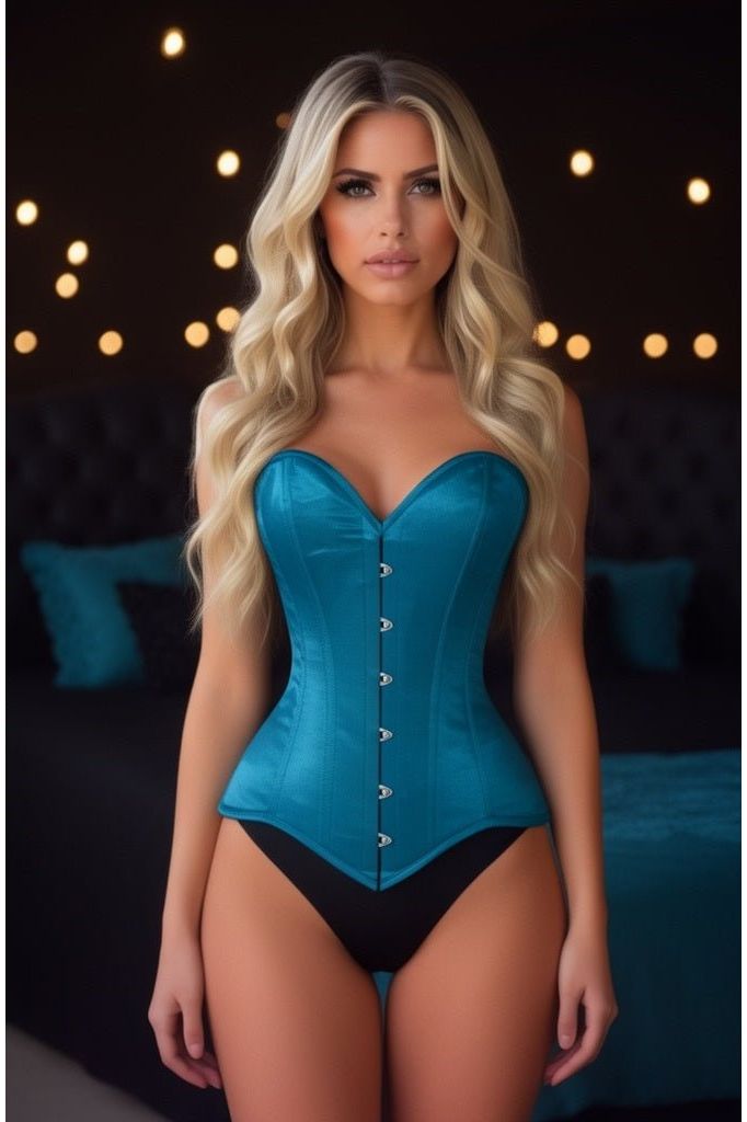 Daisy Corsets Lavish Teal Satin Overbust Corset Sweetheart Neckline Busk Closure - Daisy Corsets
