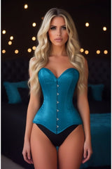 Daisy Corsets Lavish Teal Satin Overbust Corset Sweetheart Neckline Busk Closure - Daisy Corsets
