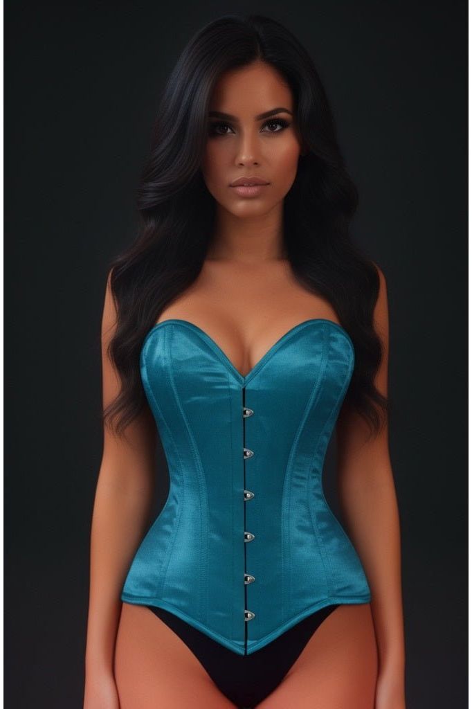 Daisy Corsets Lavish Teal Satin Overbust Corset Sweetheart Neckline Busk Closure - Daisy Corsets