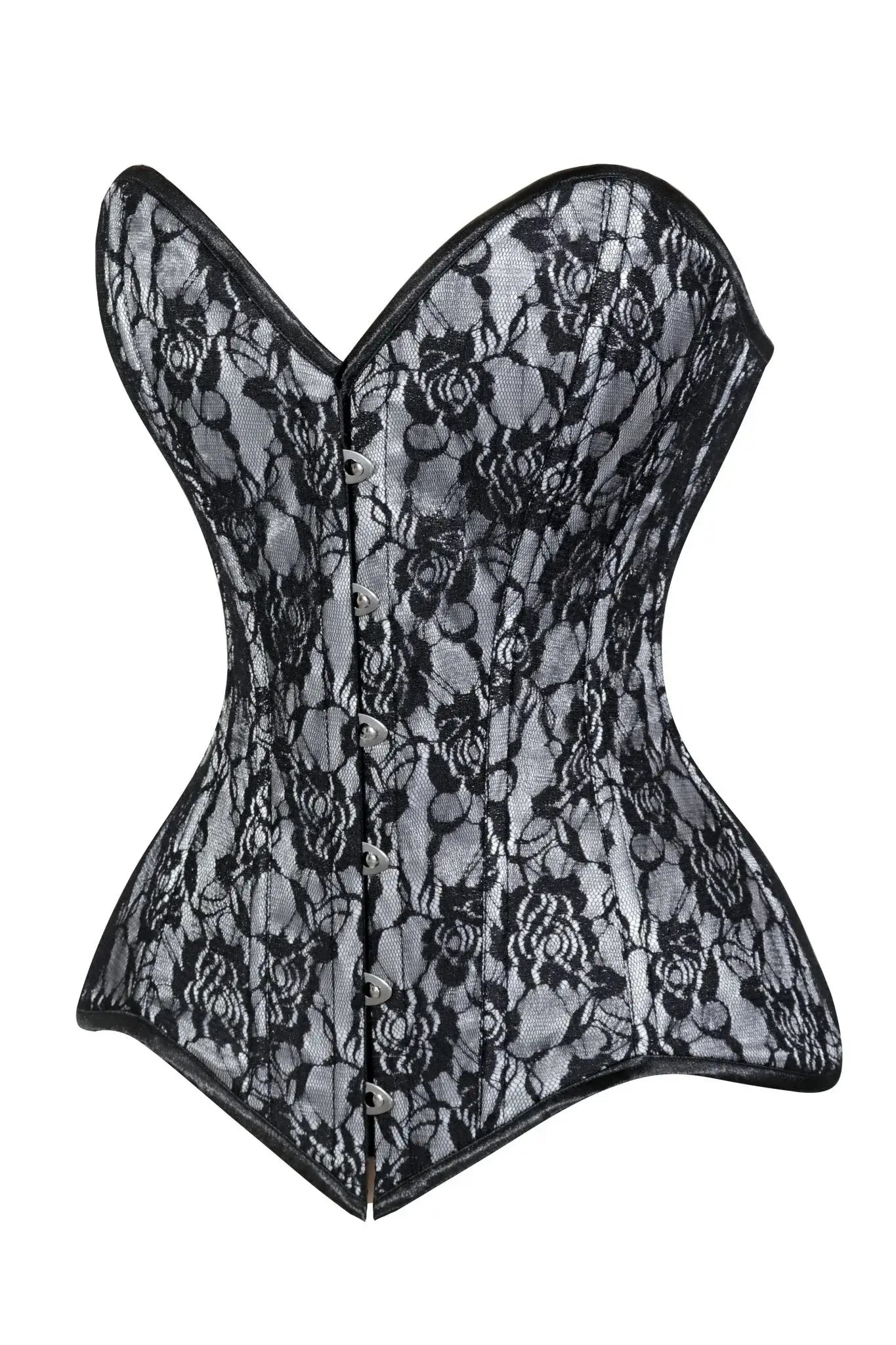 Lavish White/Black Lace Overbust Corset Sweetheart Neckline Busk Closure - Daisy Corsets - Flyclothing LLC
