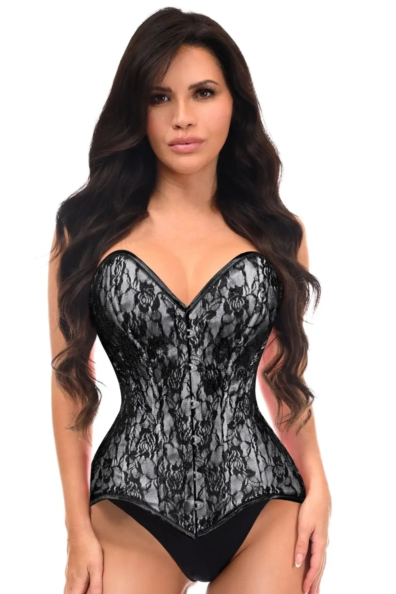 Lavish White/Black Lace Overbust Corset Sweetheart Neckline Busk Closure - Daisy Corsets - Flyclothing LLC