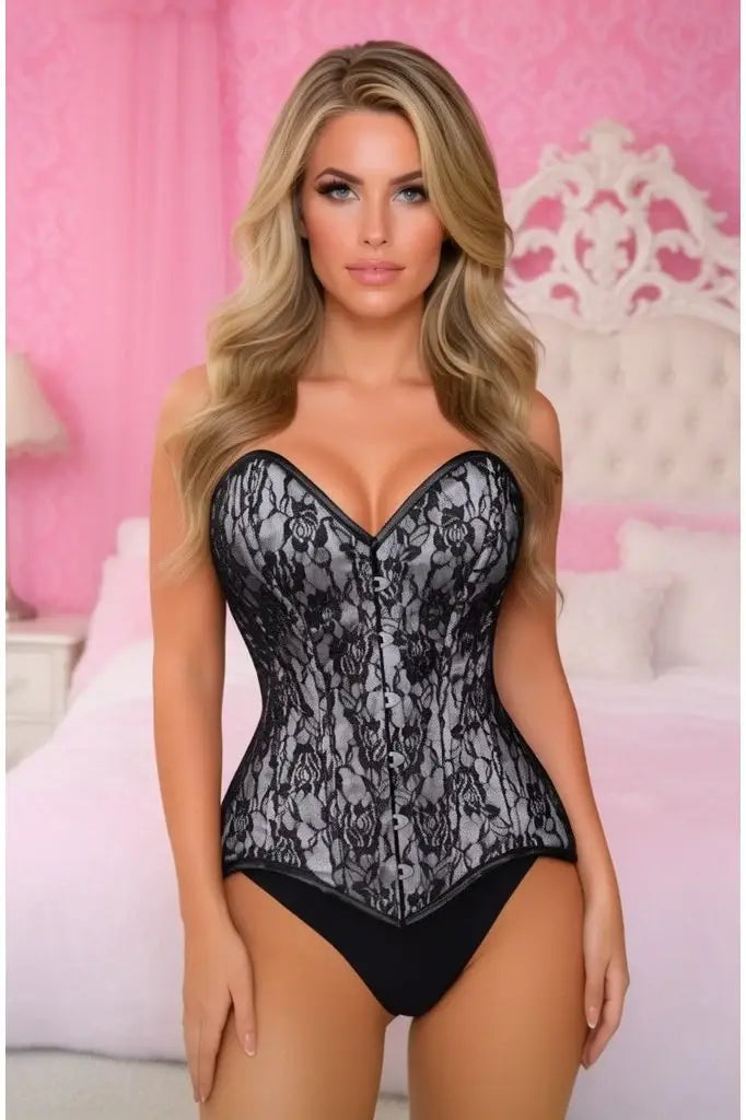Lavish White/Black Lace Overbust Corset Sweetheart Neckline Busk Closure - Daisy Corsets - Flyclothing LLC