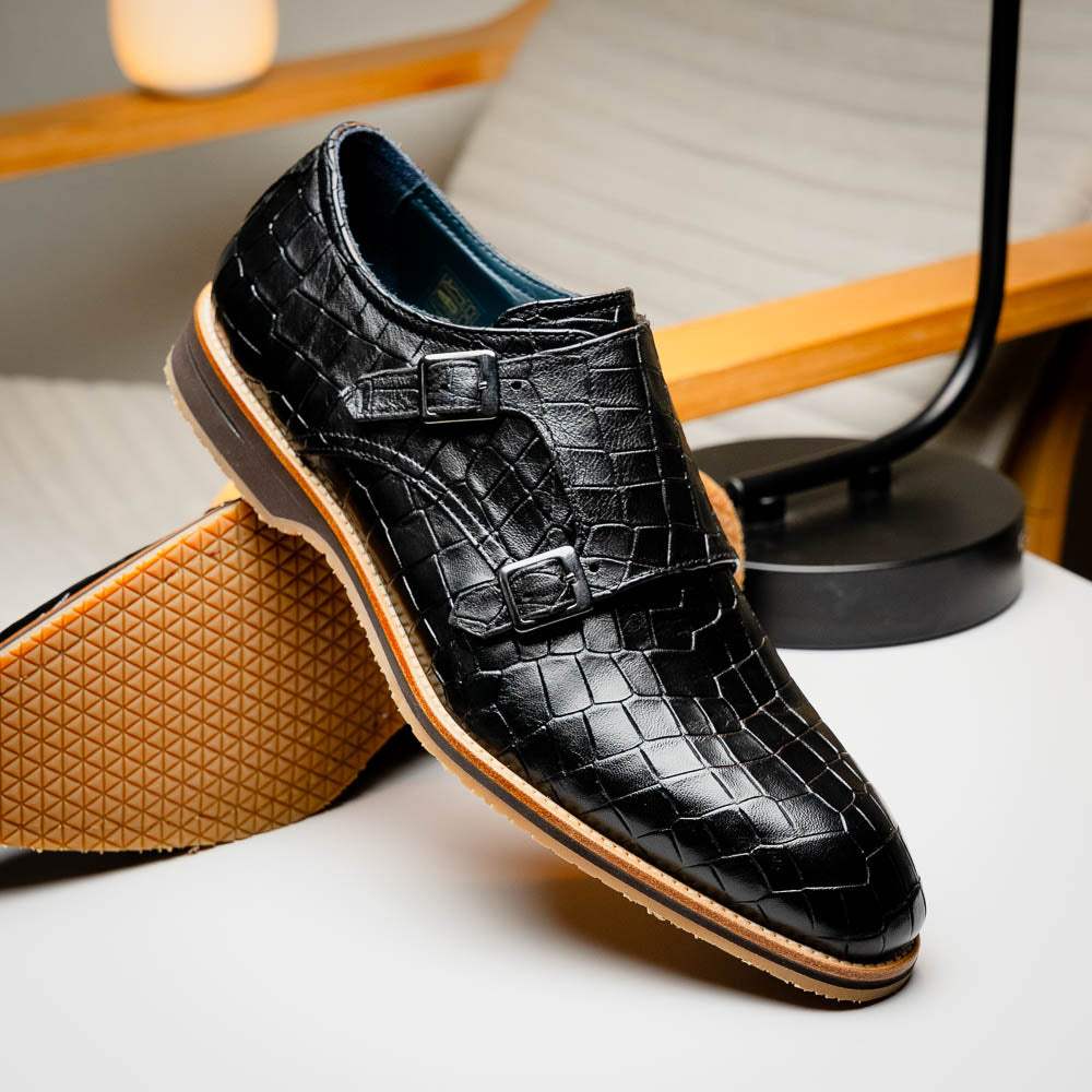 55-112-BLK LEGERRA Hand Burnished Crocodile Print Monkstrap Black - Zelli Italia - Flyclothing LLC