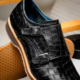55-112-BLK LEGERRA Hand Burnished Crocodile Print Monkstrap Black - Zelli Italia - Flyclothing LLC