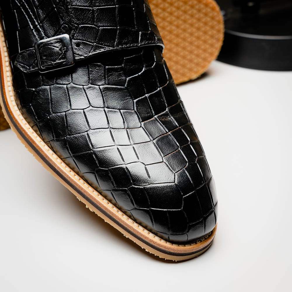 55-112-BLK LEGERRA Hand Burnished Crocodile Print Monkstrap Black - Zelli Italia - Flyclothing LLC