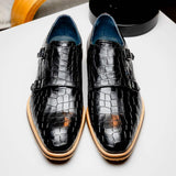 55-112-BLK LEGERRA Hand Burnished Crocodile Print Monkstrap Black - Zelli Italia - Flyclothing LLC