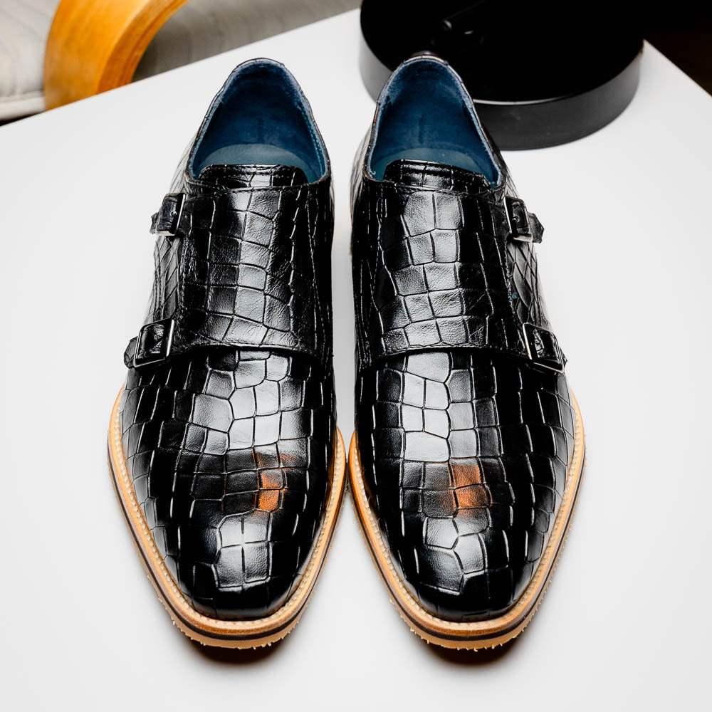 55-112-BLK LEGERRA Hand Burnished Crocodile Print Monkstrap Black - Zelli Italia - Flyclothing LLC