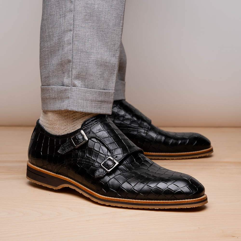 55-112-BLK LEGERRA Hand Burnished Crocodile Print Monkstrap Black - Zelli Italia - Flyclothing LLC