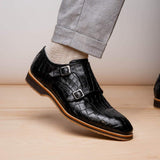 55-112-BLK LEGERRA Hand Burnished Crocodile Print Monkstrap Black - Zelli Italia - Flyclothing LLC