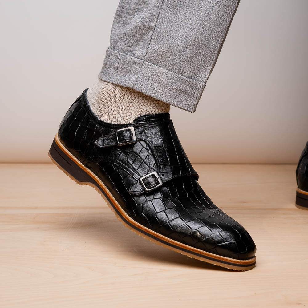 55-112-BLK LEGERRA Hand Burnished Crocodile Print Monkstrap Black - Zelli Italia - Flyclothing LLC