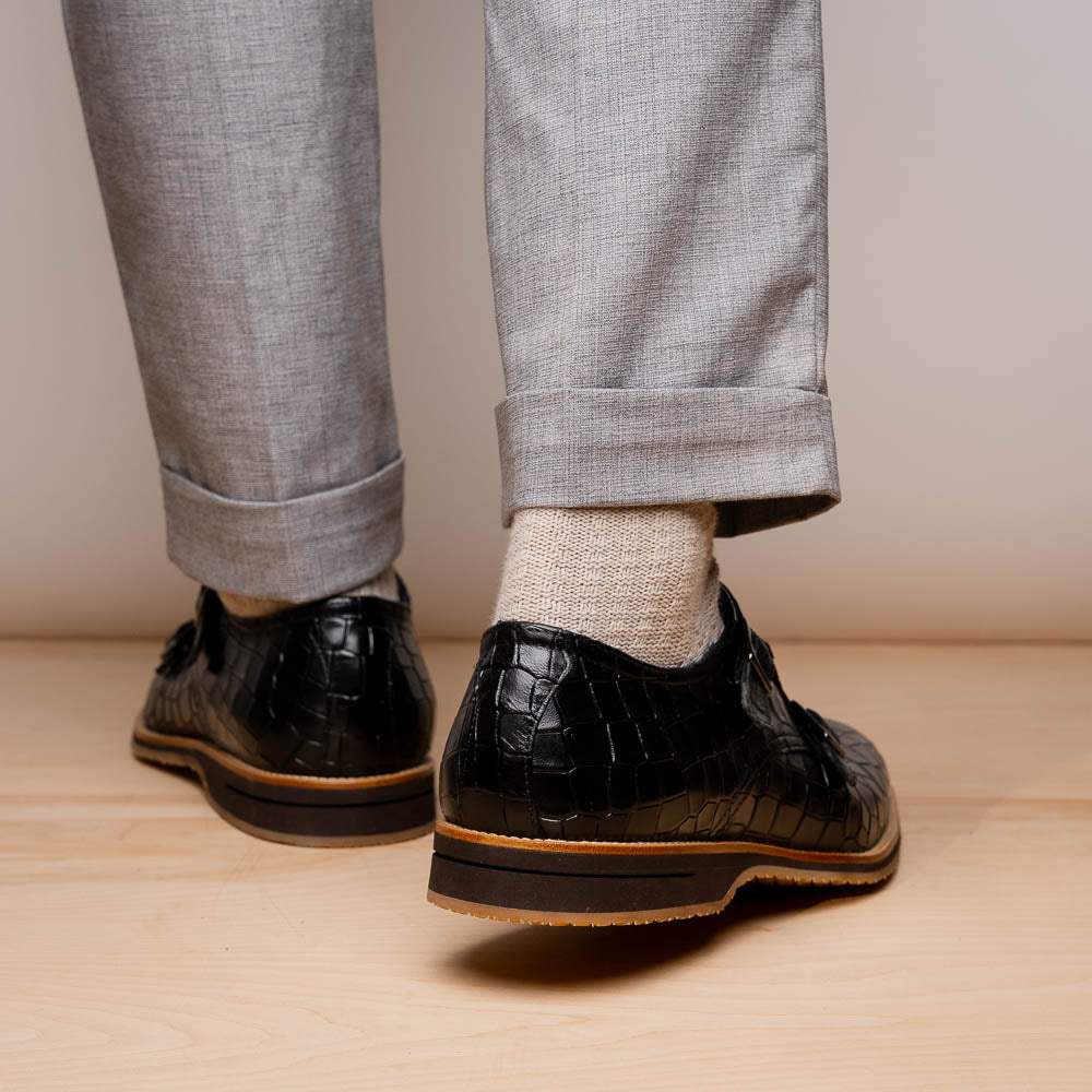 55-112-BLK LEGERRA Hand Burnished Crocodile Print Monkstrap Black - Zelli Italia - Flyclothing LLC
