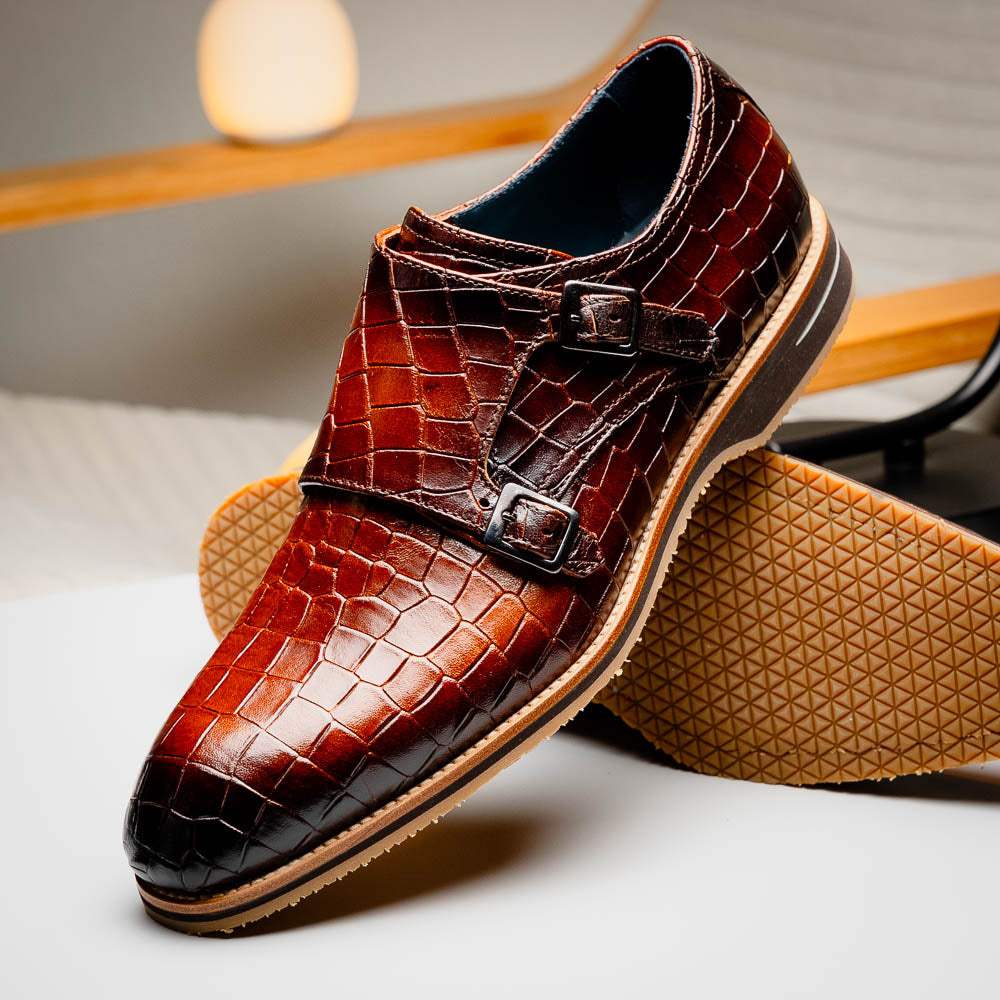55-112-CGN LEGERRA Hand Burnished Crocodile Print Monkstrap Cognac - Zelli Italia - Flyclothing LLC