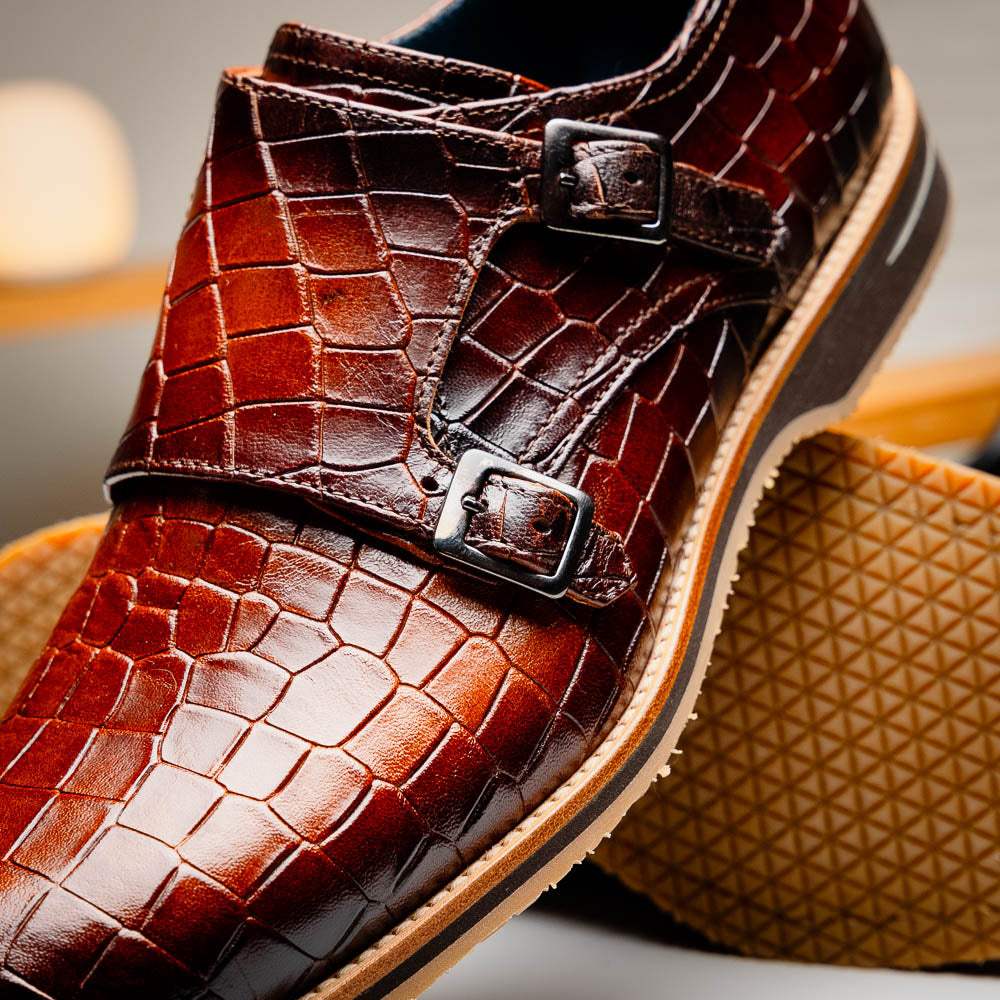 55-112-CGN LEGERRA Hand Burnished Crocodile Print Monkstrap Cognac - Zelli Italia - Flyclothing LLC