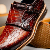 55-112-CGN LEGERRA Hand Burnished Crocodile Print Monkstrap Cognac - Zelli Italia - Flyclothing LLC