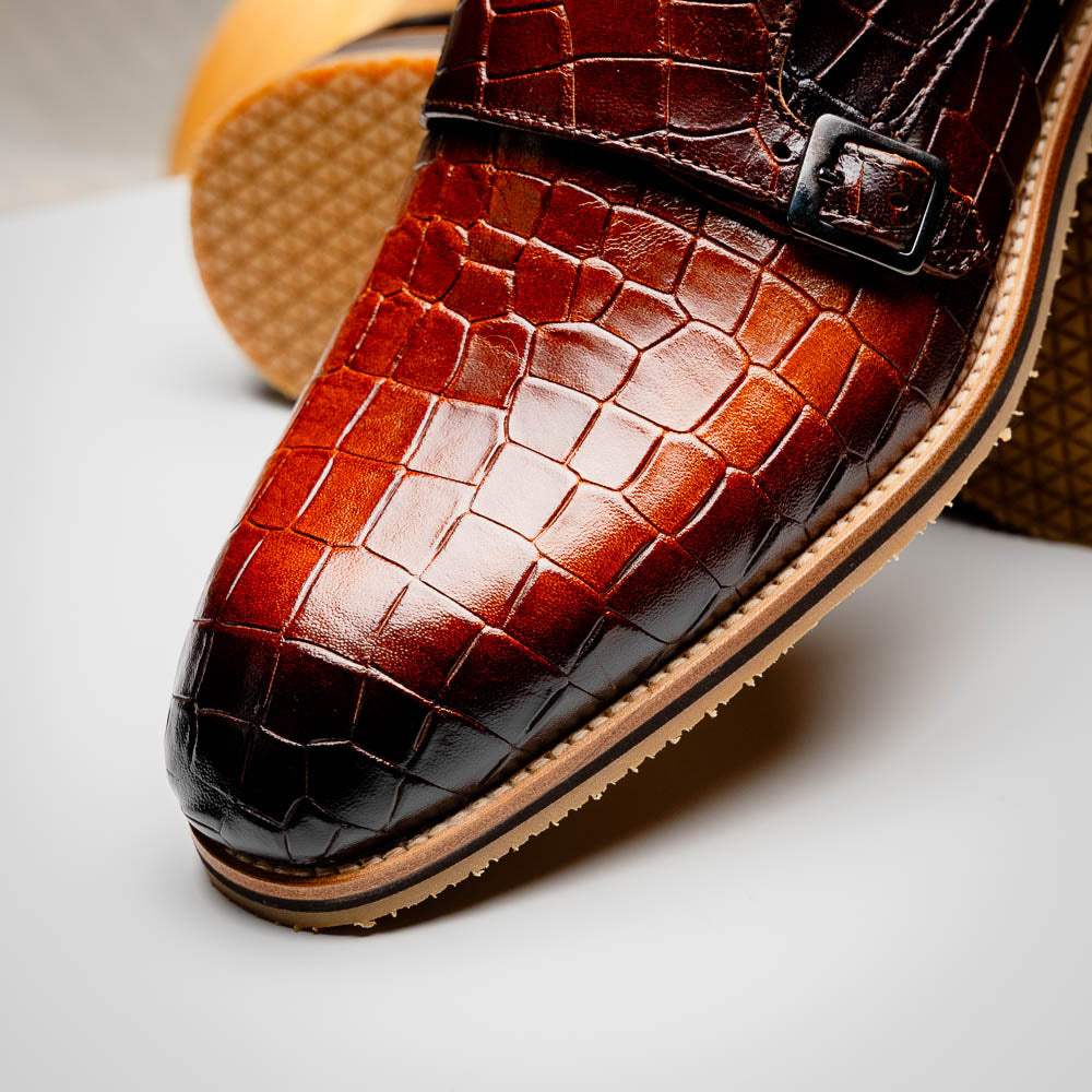 55-112-CGN LEGERRA Hand Burnished Crocodile Print Monkstrap Cognac - Zelli Italia - Flyclothing LLC