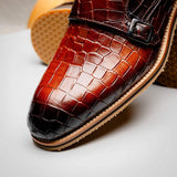 55-112-CGN LEGERRA Hand Burnished Crocodile Print Monkstrap Cognac - Zelli Italia - Flyclothing LLC