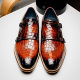 55-112-CGN LEGERRA Hand Burnished Crocodile Print Monkstrap Cognac - Zelli Italia - Flyclothing LLC