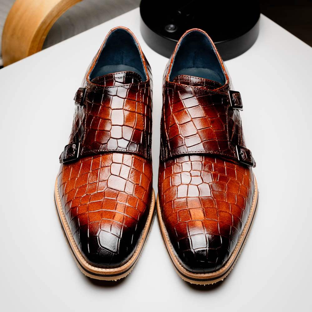 55-112-CGN LEGERRA Hand Burnished Crocodile Print Monkstrap Cognac - Zelli Italia - Flyclothing LLC