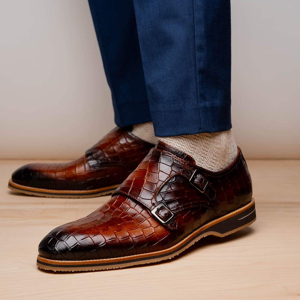 55-112-CGN LEGERRA Hand Burnished Crocodile Print Monkstrap Cognac - Zelli Italia - Flyclothing LLC