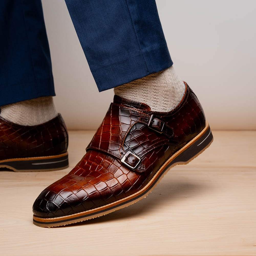 55-112-CGN LEGERRA Hand Burnished Crocodile Print Monkstrap Cognac - Zelli Italia - Flyclothing LLC