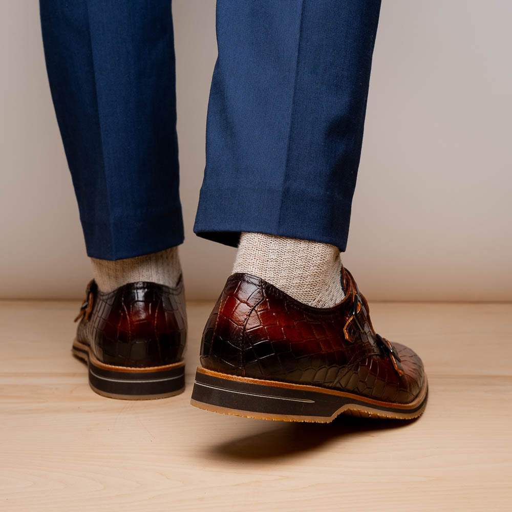 55-112-CGN LEGERRA Hand Burnished Crocodile Print Monkstrap Cognac - Zelli Italia - Flyclothing LLC