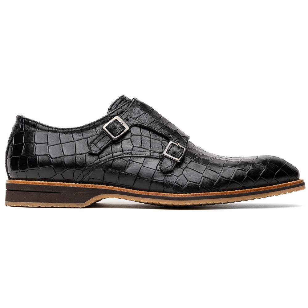 55-112-BLK LEGERRA Hand Burnished Crocodile Print Monkstrap Black - Zelli Italia - Flyclothing LLC