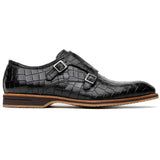 55-112-BLK LEGERRA Hand Burnished Crocodile Print Monkstrap Black - Zelli Italia - Flyclothing LLC