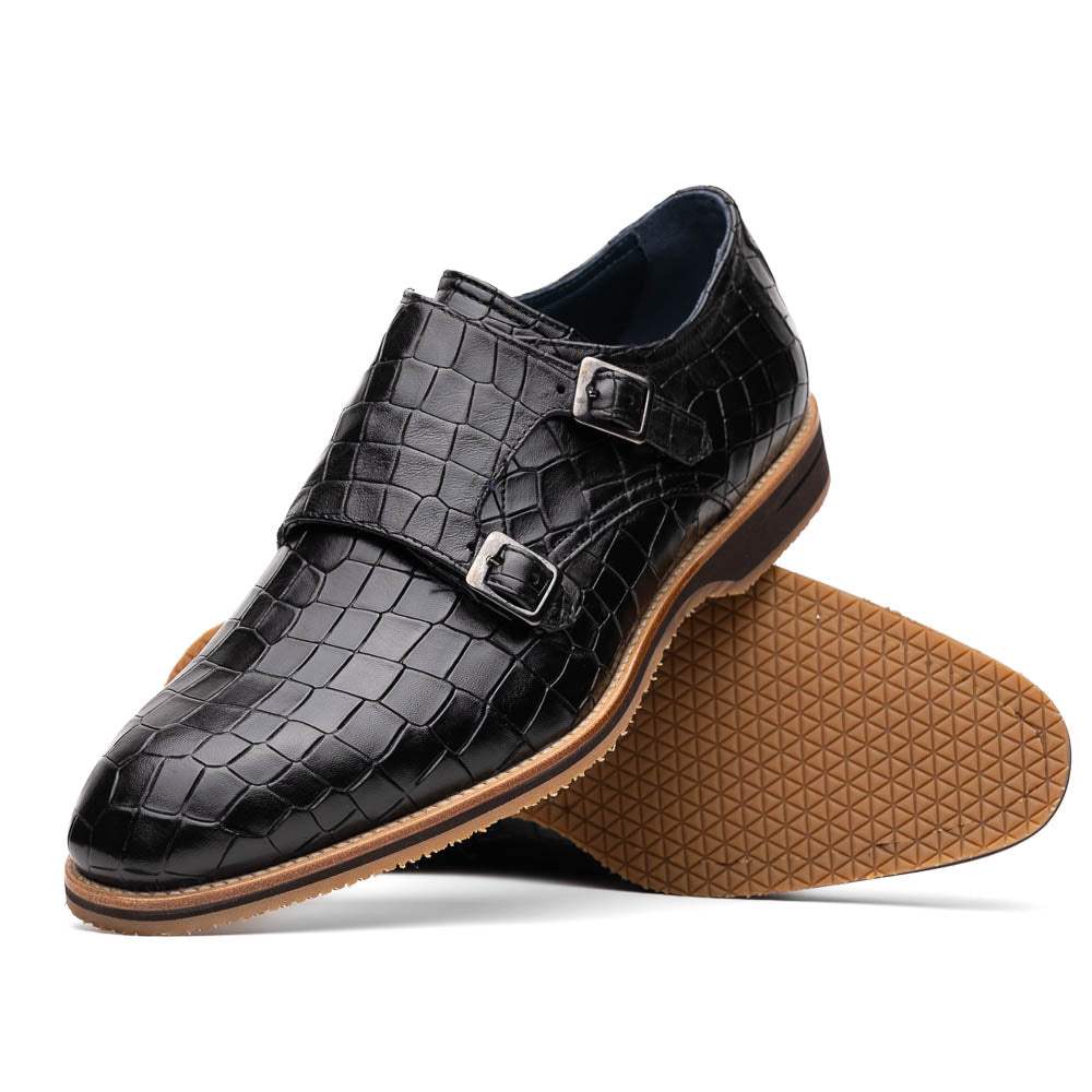 55-112-BLK LEGERRA Hand Burnished Crocodile Print Monkstrap Black - Zelli Italia - Flyclothing LLC