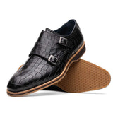 55-112-BLK LEGERRA Hand Burnished Crocodile Print Monkstrap Black - Zelli Italia - Flyclothing LLC