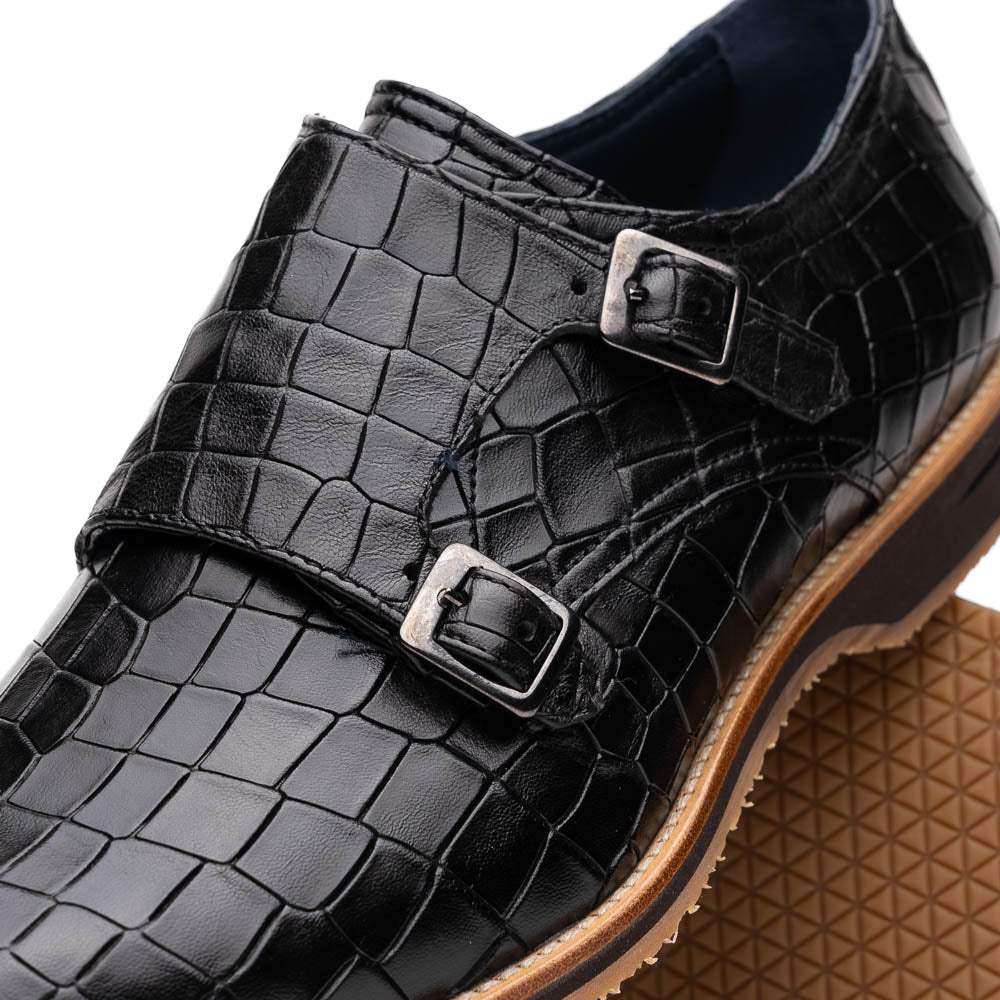55-112-BLK LEGERRA Hand Burnished Crocodile Print Monkstrap Black - Zelli Italia - Flyclothing LLC