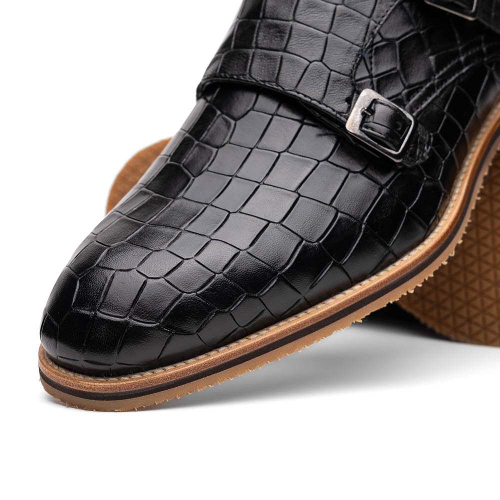 55-112-BLK LEGERRA Hand Burnished Crocodile Print Monkstrap Black - Zelli Italia - Flyclothing LLC