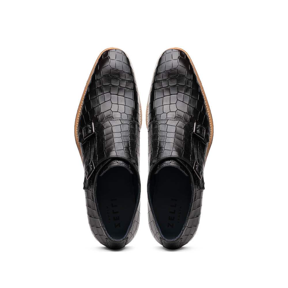 55-112-BLK LEGERRA Hand Burnished Crocodile Print Monkstrap Black - Zelli Italia - Flyclothing LLC