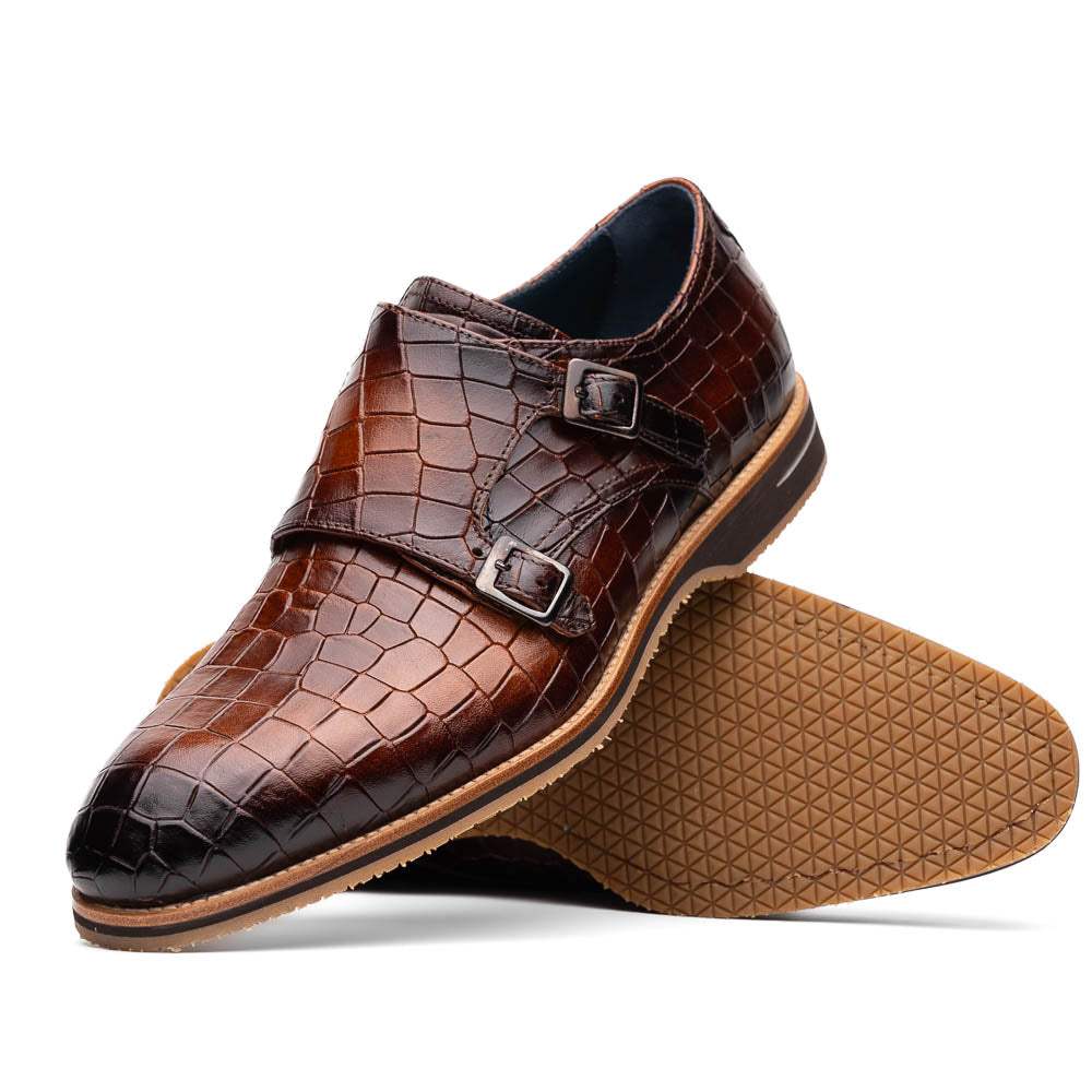 55-112-CGN LEGERRA Hand Burnished Crocodile Print Monkstrap Cognac - Zelli Italia - Flyclothing LLC