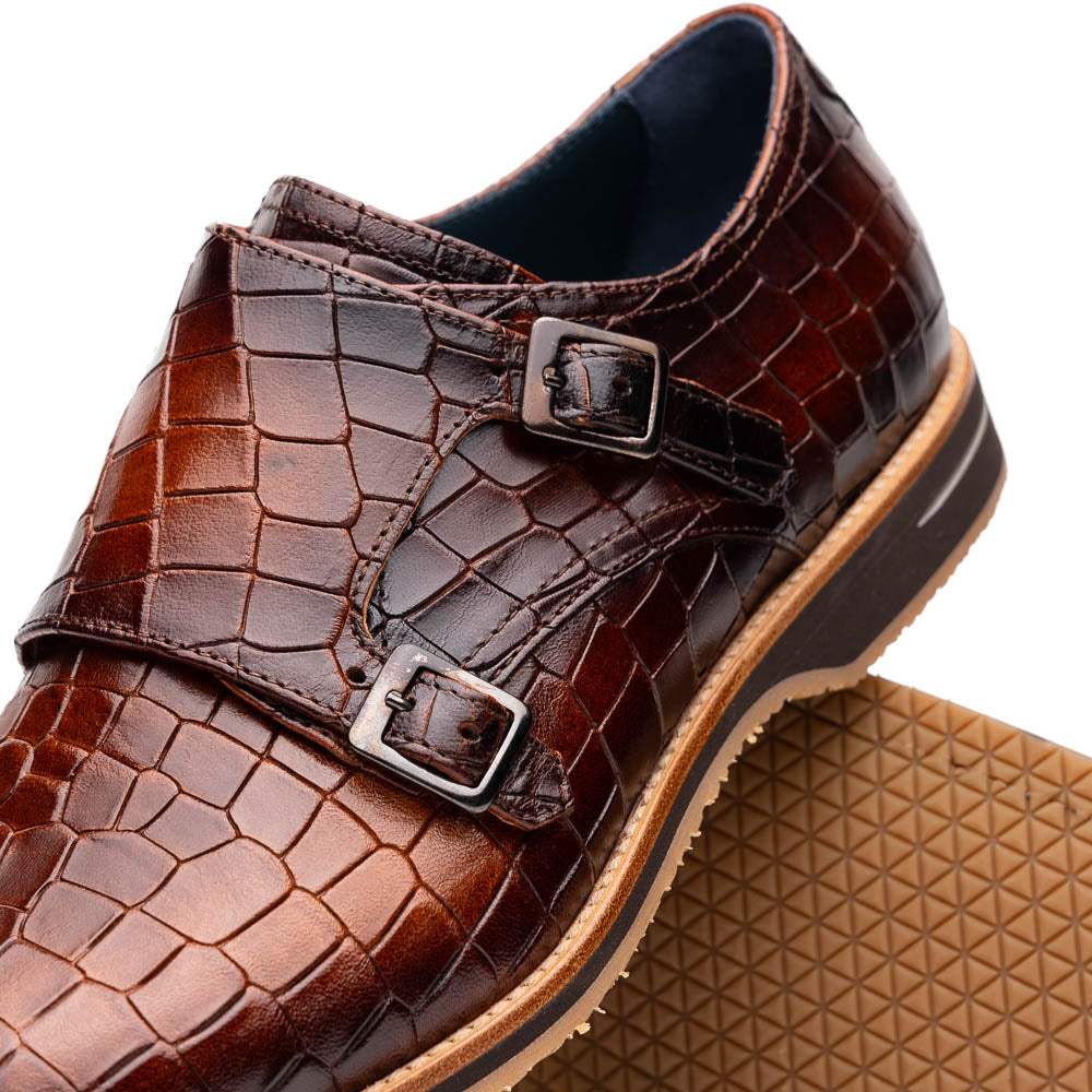 55-112-CGN LEGERRA Hand Burnished Crocodile Print Monkstrap Cognac - Zelli Italia - Flyclothing LLC