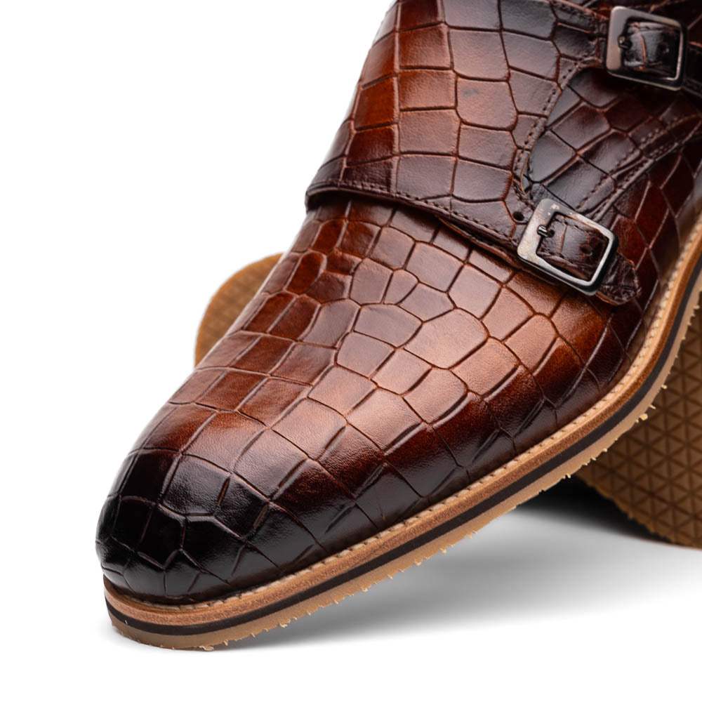 55-112-CGN LEGERRA Hand Burnished Crocodile Print Monkstrap Cognac - Zelli Italia - Flyclothing LLC